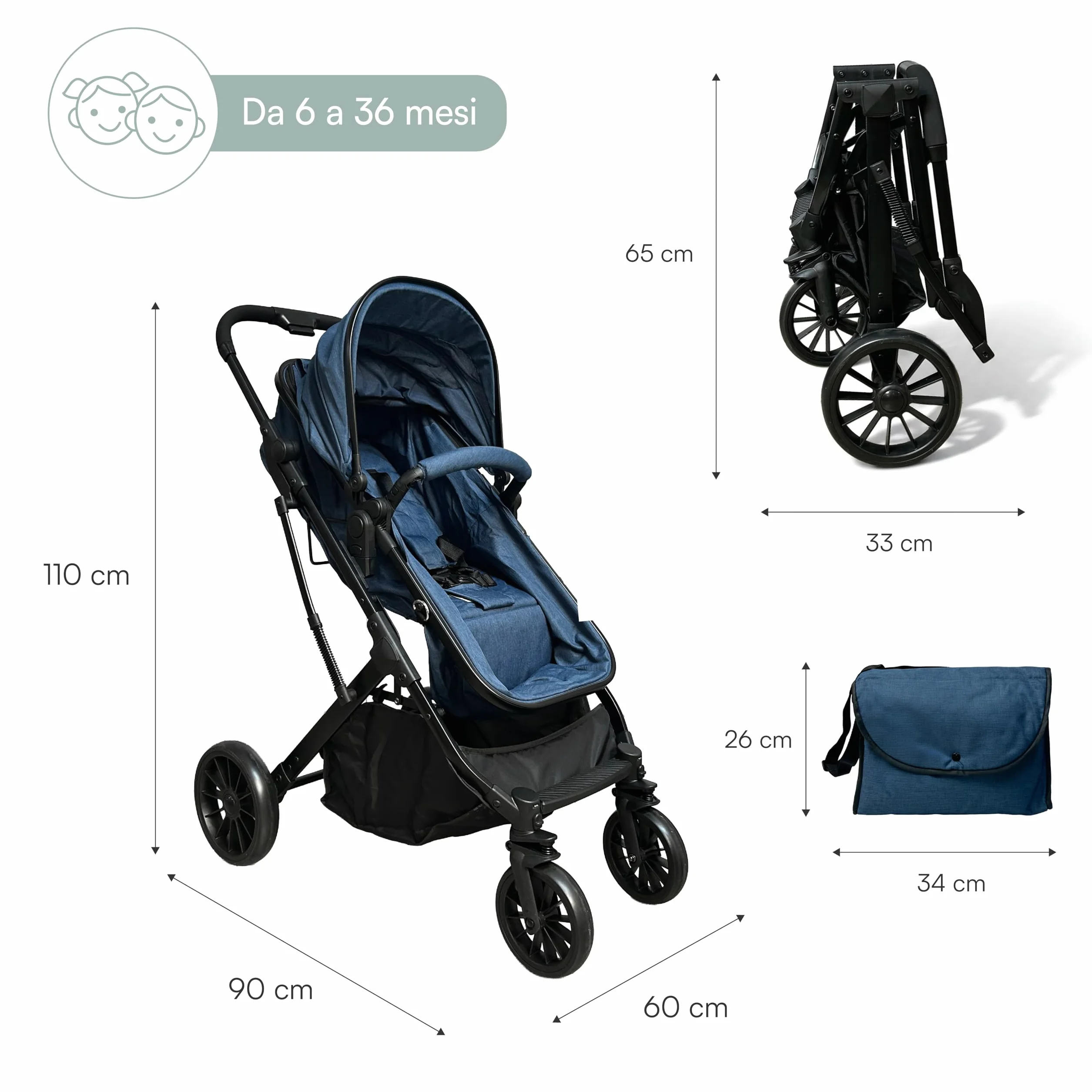 Passeggino Trio 3 in 1 con Navicella, Ovetto e Borsa Mamma, Reversibile, Schienale Reclinabile, Chiusura Compatta, 6-36 Mesi (Blu)