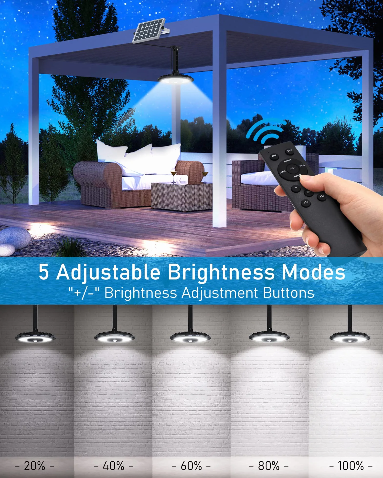 Luci Solari da Interno, Luce Solare da Capannone di Design a Rotazione con 6 Modalità di Illuminazione, Luci Solari a Sospensione 108LED 1500LM IP65 Impermeabili con Telecomando per Garage, Gazebo
