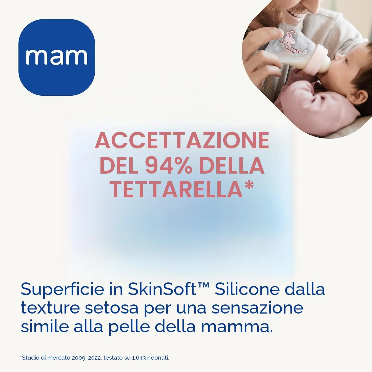 MAM Biberon in vetro 260 ml 2-4 mesi tettarella flusso medio silicone rosa