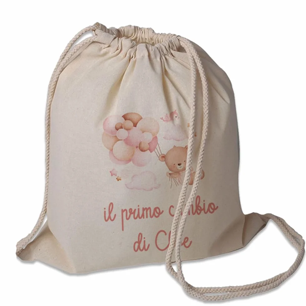 "Il Primo Cambio" Sacchetto Porta Corredino Bebè Zaino in Cotone Personalizzato con Nome e Orsetto Peluche