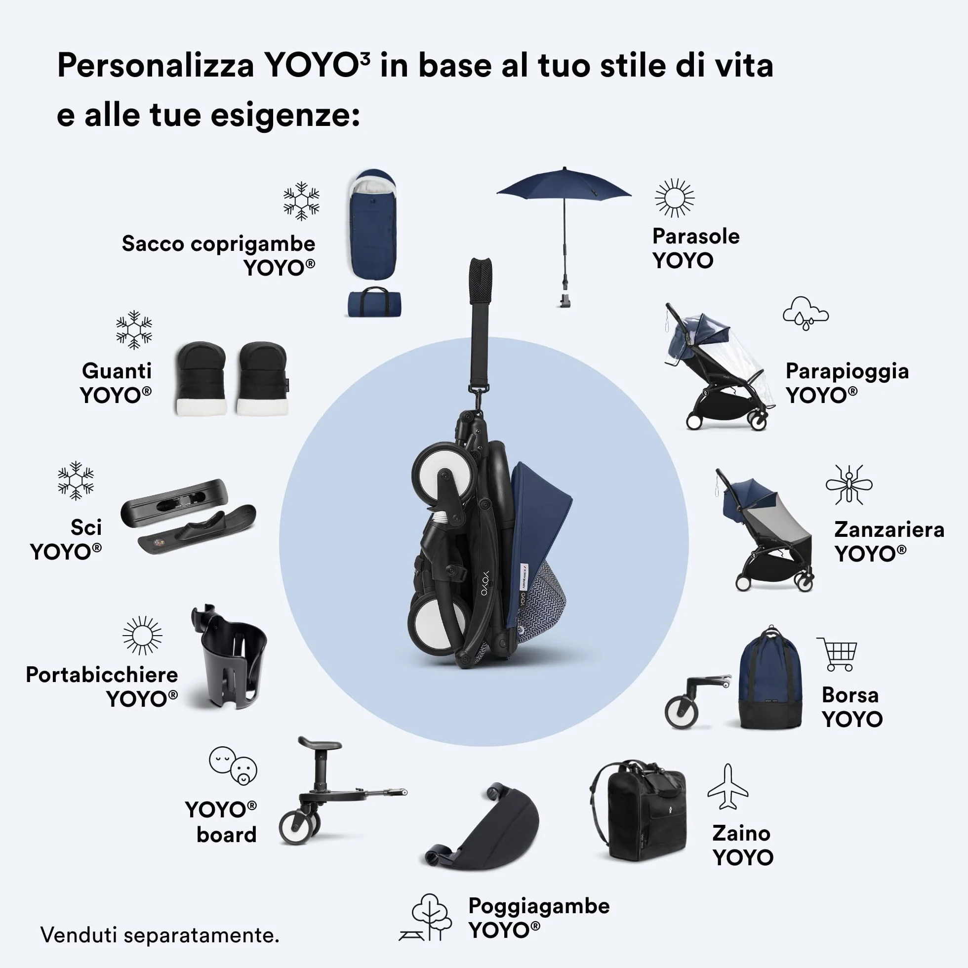 Stokke YOYO3 Passeggino con Newborn Pack - Telaio Nero, 6+ Color Pack Air France Blue, 0+ Newborn Pack Air France Blue