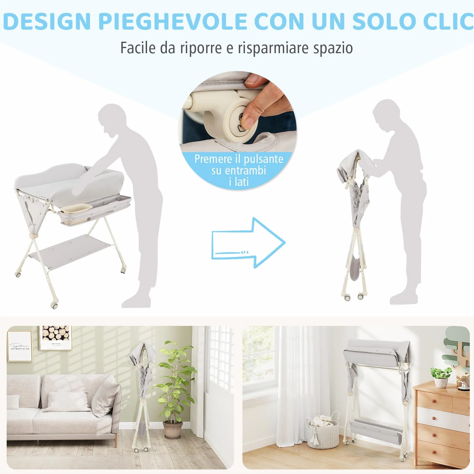Costway Fasciatoio Pieghevole Neonato Portatile con Altezza Regolabile 3 Livelli, Grigio