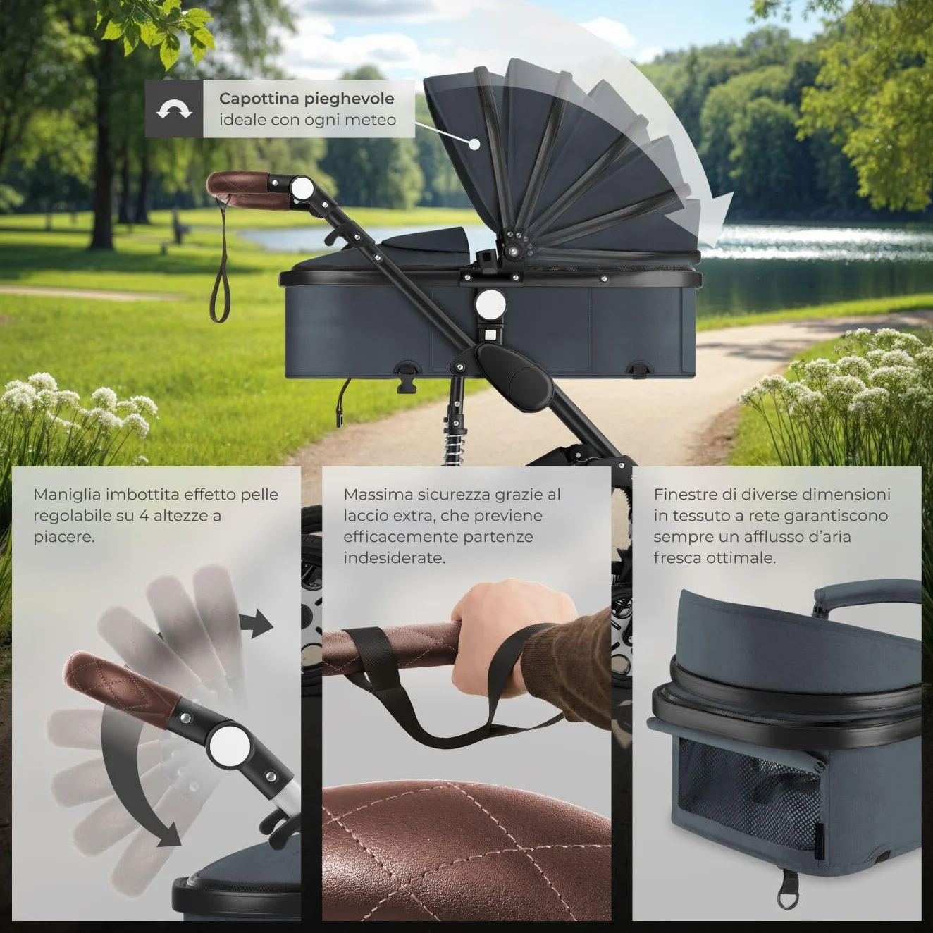tectake® Passeggino Combinato Pieghevole 2 in 1 Leggero con Cintura a 5 Punti e Freno a Pedale Antracite