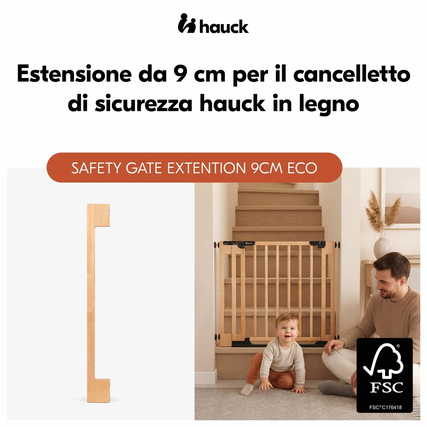 hauck Estensione da 9 cm Compatibile con Cancelletto di Sicurezza Clear Step Easyclose Eco, Legno di Faggio, Accessorio per Cancellino Bambini e Cani