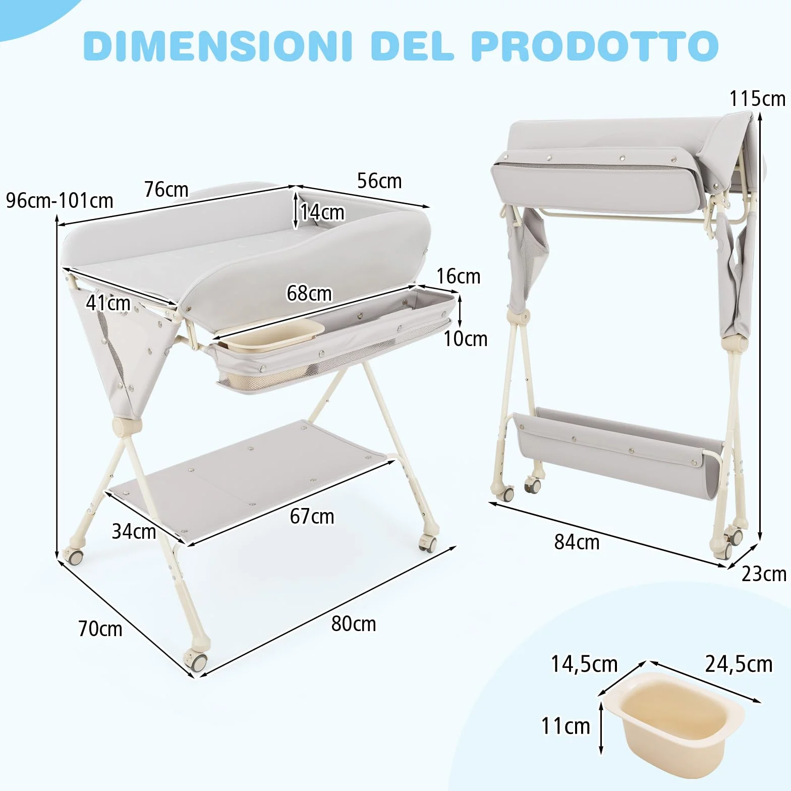 Costway Fasciatoio Pieghevole Neonato Portatile con Altezza Regolabile 3 Livelli, Grigio