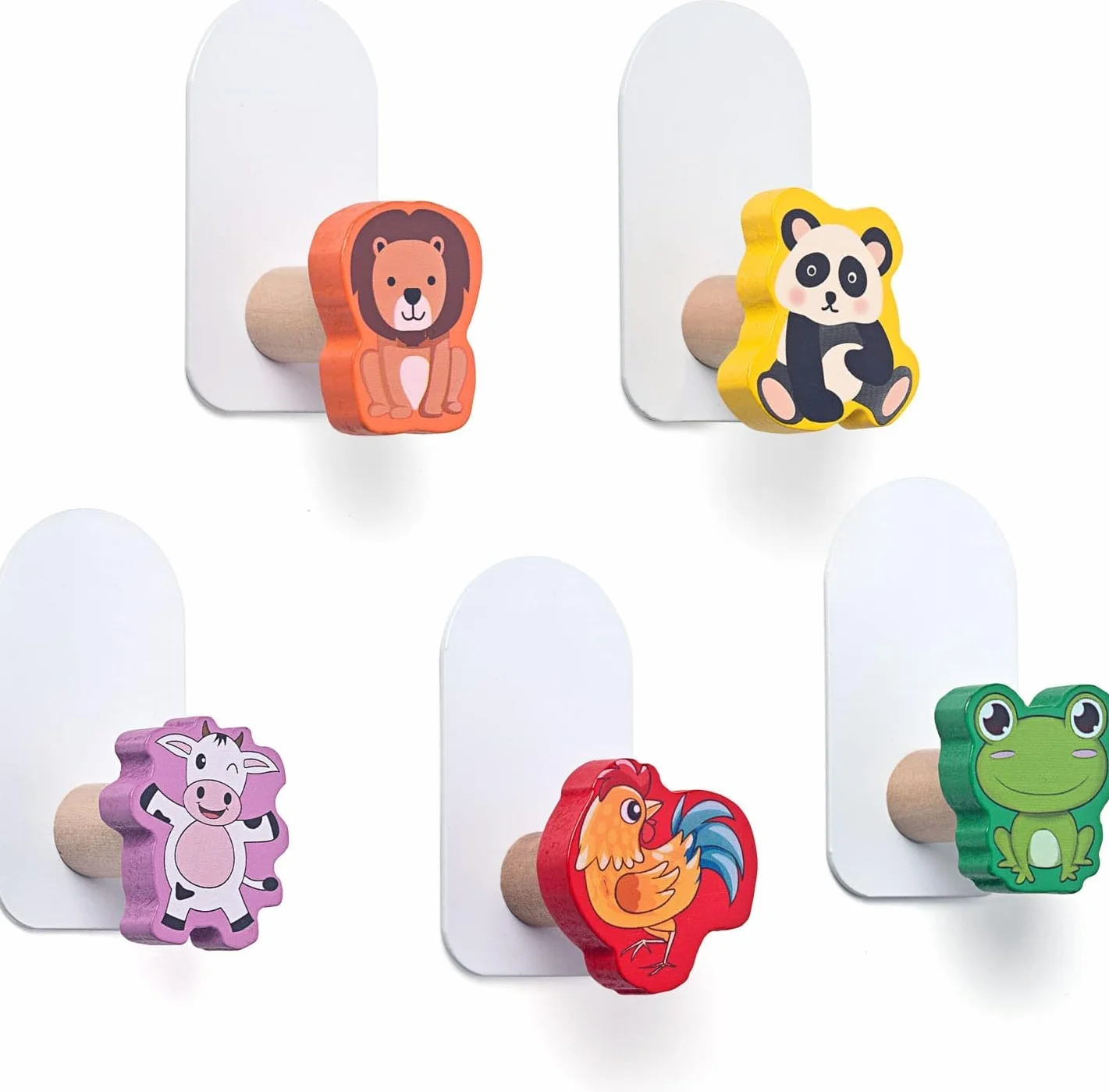 Ganci Appendiabiti per Bambini 5 Pezzi, a Parete, Animali Autoadesivi, Legno, Senza Foratura